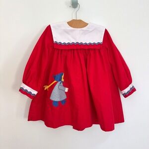 Vintage Jayne Copeland Collared Dress Girls Bonnet Braid Red Gingham Applique 4T